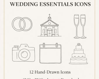 Iconos de boda en formato SVG y PNG, conjunto de imágenes prediseñadas dibujadas a mano, arte lineal minimalista, ilustraciones en blanco y negro.