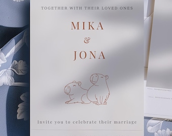 Invitación de boda editable con diseño de capibara: diseño minimalista dibujado a mano, plantilla de Canva, boda moderna, descarga instantánea.