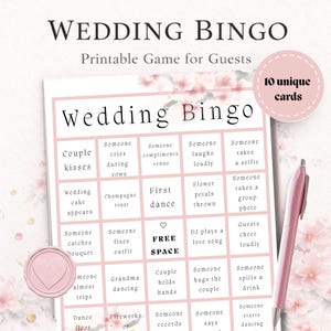 Cherry blossom wedding bingo printable card with pink floral design and 5x5 bingo grid for wedding reception guest activity