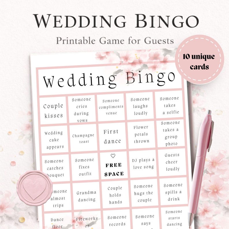 Cherry blossom wedding bingo printable card with pink floral design and 5x5 bingo grid for wedding reception guest activity