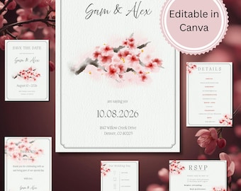 Conjunto de invitaciones de boda con temática de sakura, diseño floral de flores de cerezo, caligrafía moderna, plantilla editable de Canva.