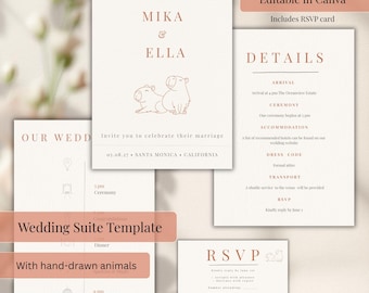 Invitación de boda Capybara, conjunto de invitaciones de boda, tarjeta de "Reserva la fecha", plantilla de Canva, papelería digital imprimible y editable.