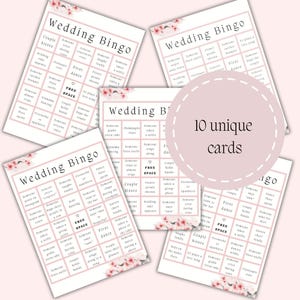 Set of wedding bingo printable cards with cherry blossom design showing multiple unique bingo layouts for guests