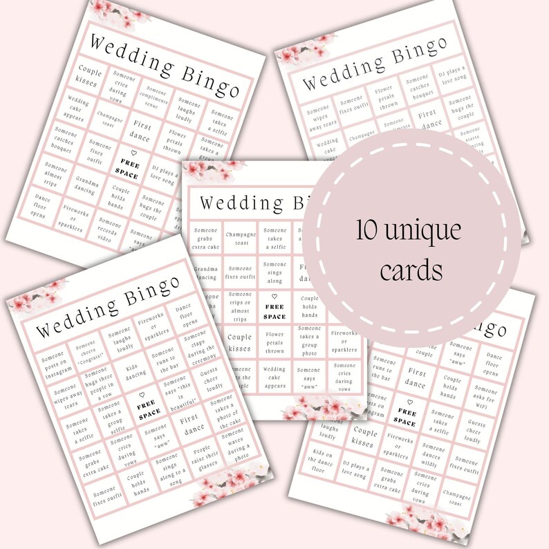 Set of wedding bingo printable cards with cherry blossom design showing multiple unique bingo layouts for guests