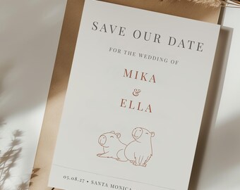 Plantilla de invitación para guardar la fecha con diseño de capibara / Invitación minimalista con ilustraciones lineales / Papelería original con animales