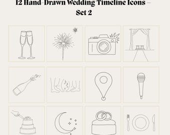Conjunto de iconos de boda, imágenes prediseñadas minimalistas de boda, iconos de cronograma, símbolos de boda en formato SVG y PNG.