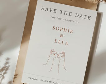 Plantilla de boda con alpacas / Invitación minimalista con diseño lineal / Papelería única