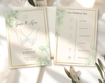 Plantilla de invitación de boda en Canva, invitación de eucalipto de 5x7 pulgadas, tarjeta minimalista editable con reverso de línea de tiempo.