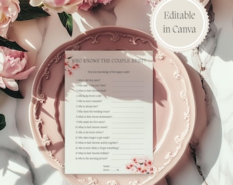 Juego de preguntas y respuestas sobre bodas, diseño floral de flores de cerezo, plantilla editable de Canva (descarga instantánea)