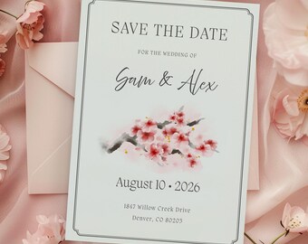 Tarjeta de "Reserva la fecha" digital para descargar / Flores de cerezo pintadas a mano / Versión para móvil incluida / Invitación de boda