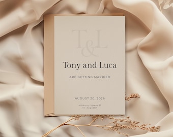 Invitación de boda única, digital, de lujo, minimalista, en blanco y negro, con enlace a Canva y plantilla editable para móviles.