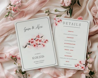 Juego de invitaciones de boda con diseño de flores de cerezo pintadas a mano y tarjeta con detalles (descarga digital)