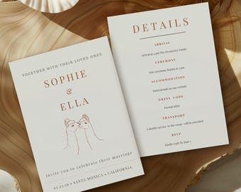 Invitación de boda minimalista con ilustraciones lineales dibujadas a mano / Ilustración de alpaca / Tarjeta editable con detalles