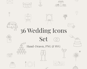 Paquete de iconos SVG de boda dibujados a mano, imágenes prediseñadas de boda, iconos neutros, iconos de Canva, iconos para sitios web