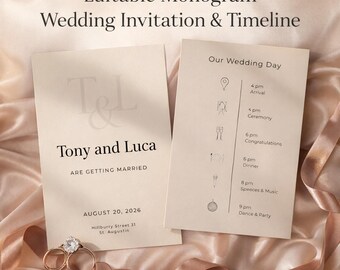Plantilla de invitación de boda con monograma, invitación minimalista en Canva, invitación moderna editable, descarga imprimible.