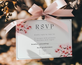 Tarjeta de confirmación de asistencia con diseño de flores de cerezo pintadas a mano, tarjeta de respuesta floral para bodas (descarga digital)