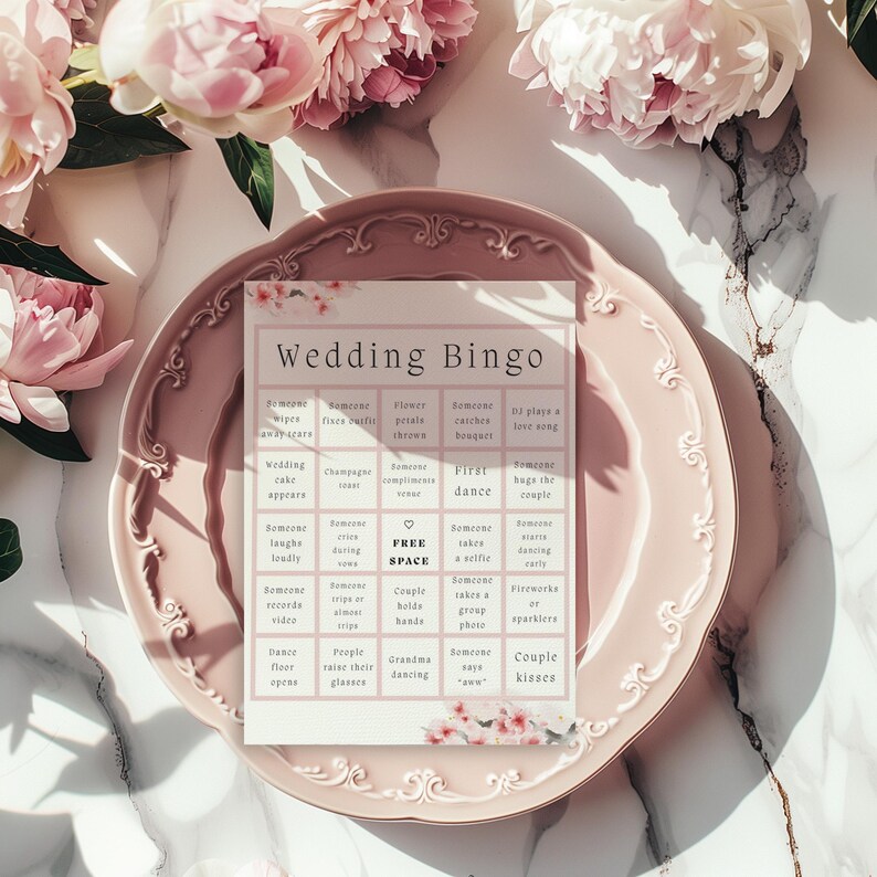 Elegant cherry blossom wedding bingo card design with soft pink floral details and romantic wedding theme