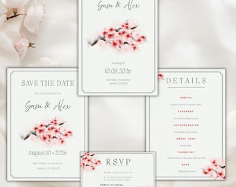 Conjunto de tarjetas de boda con diseño de flores de cerezo ilustradas a mano / Tarjetas editables de invitación, confirmación de asistencia y aviso de reserva de fecha en acuarela / Imprimibles