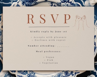 Plantilla de tarjeta de confirmación de asistencia para boda con alpaca, ilustración dibujada a mano, editable (descarga digital)