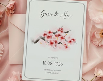 Plantilla de invitación de boda con flores de cerezo pintadas a mano (Canva), invitación romántica floral Sakura