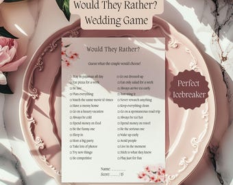 Juego de boda "¿Qué preferirían?", actividad imprimible, plantilla editable de Canva, cuestionario de boda, juego para romper el hielo.