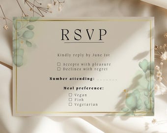 Plantilla de RSVP de boda, tarjeta de respuesta botánica de eucalipto, invitación editable de Canva con vegetación