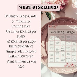 Wedding bingo printable set including 10 unique bingo cards, 5x7 format, A4 and US Letter print files, and instructions