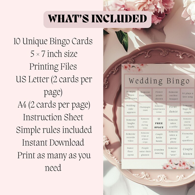 Wedding bingo printable set including 10 unique bingo cards, 5x7 format, A4 and US Letter print files, and instructions