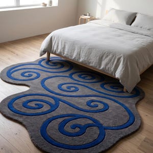 Modern Abstract Blue Swirl Rug, Irregular Shape Tufted Carpet, Luxury Grey Statement Rug, Artistic Living Room Decor