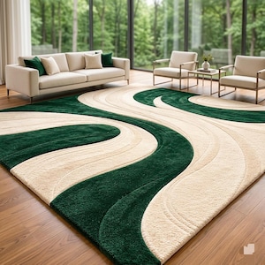 May include: A large area rug featuring a textured, high-pile surface with a repeating pattern of sweeping, curved lines in deep forest green and cream. The design creates a fluid, wave-like effect across the rectangular floor covering.