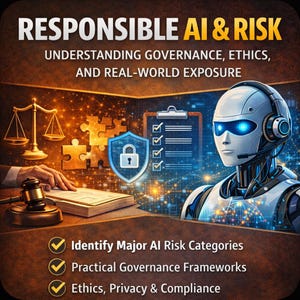 May include: An image with the text "RESPONSIBLE AI & RISK" and the subtext "UNDERSTANDING GOVERNANCE, ETHICS, AND REAL-WORLD EXPOSURE." It features a robot, scales of justice, a gavel, and a checklist. The bottom of the image lists "Identify Major AI Risk Categories", "Practical Governance Frameworks", and "Ethics, Privacy & Compliance."