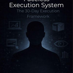 May include: Dark blue graphic with the text "Faceless Execution System" and "The 30-Day Execution Framework." A silhouetted figure is in the center, with digital icons around the edges. The words "Faceless Online Income/Digital Skills" are at the top.