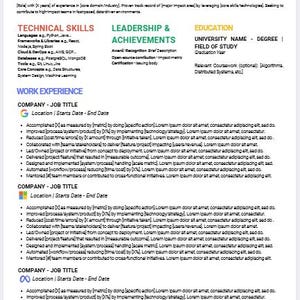 Może przedstawiać: Szablon CV z imieniem i nazwiskiem "JOHN SMITHSON" w kolorze niebieskim na górze. CV podzielone jest na sekcje: Profil, Umiejętności techniczne, Przywództwo i osiągnięcia, Wykształcenie i Doświadczenie zawodowe. Sekcja doświadczenia zawodowego zawiera nazwy firm, stanowiska i obowiązki.