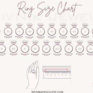 Puede incluir: Tabla de tallas de anillos con tallas de la 3 a la 12, con las medidas correspondientes en mil&iacute;metros. Incluye una mano con un anillo y una regla para medir el tama&ntilde;o del dedo. El texto "Ring Size Chart" est&aacute; en la parte superior.