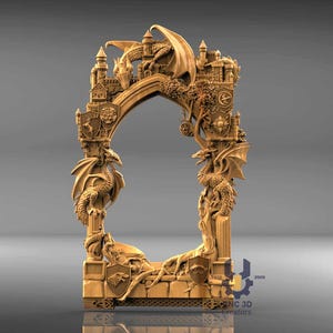 May include: A detailed wooden frame featuring dragons, castles, and shields. The frame has an arched top and is intricately carved with mythical creatures and architectural elements. The overall design is a fantasy theme, with a warm, natural wood tone.