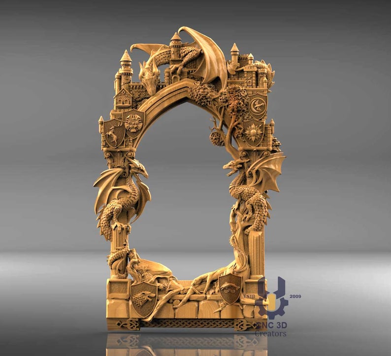 Pu&ograve; includere: Una cornice in legno dettagliata con draghi, castelli e scudi. La cornice ha una parte superiore ad arco ed &egrave; intagliata in modo intricato con creature mitiche ed elementi architettonici. Il design generale &egrave; a tema fantasy.