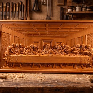 Puede incluir: Un detallado relieve de madera que representa la Última Cena. La obra de arte está enmarcada y presenta figuras sentadas alrededor de una larga mesa, con detalles intrincados y un tono de madera cálido y natural. La talla se exhibe en un banco de trabajo de madera.