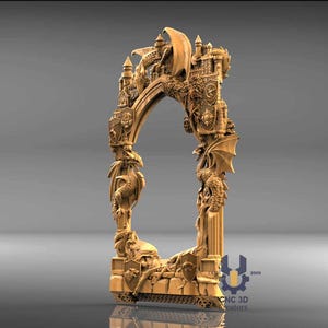 Pu&ograve; includere: Un'arcata in legno dettagliata con intagli di draghi, castelli e scudi. L'arcata ha una base rettangolare e una parte superiore curva, con draghi ai lati. Il design &egrave; ornato e a tema fantasy.