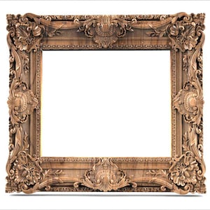 Puede incluir: Marco de fotos de madera tallada con detalles ornamentales. El marco presenta diseños florales y de volutas, con una abertura rectangular. La madera tiene un tono cálido y natural, y el marco está sobre un fondo blanco.