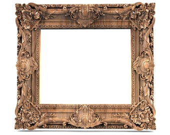 Può includere: Cornice in legno intagliata con dettagli ornamentali. La cornice presenta motivi floreali e a volute, con un'apertura rettangolare. Il legno ha una tonalità calda e naturale, e la cornice è su uno sfondo bianco.