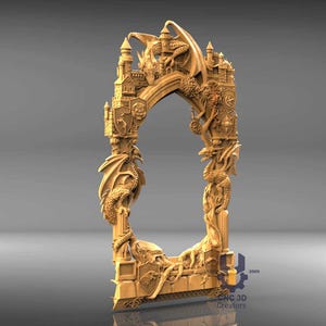 Pu&ograve; includere: Un arco dettagliato, marrone dorato, scolpito con draghi, castelli e scudi. I draghi sono appollaiati sui lati e sulla sommit&agrave;, con un castello in cima all'arco. La base presenta altre sculture di draghi e scudi. Il testo "CNC 3D Creators" &egrave; visibile.