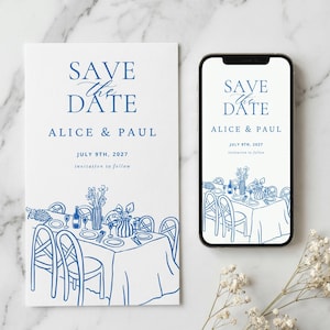 Peut inclure: Carte de faire-part de mariage blanche et smartphone affichant le même design. Le design comprend le texte "SAVE THE DATE", les noms "ALICE & PAUL" et la date "JULY 9TH, 2027". Une illustration bleue d'une table est en bas.