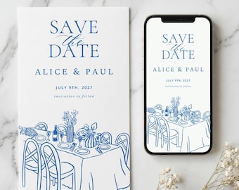 Blue Sketch Wedding Save the Date Bundle Mobile Phone Invitation & 5x7 Printable Template Canva Editable Digital Invite Mediterranean Style
