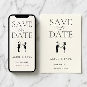 May include: A smartphone and a card display a wedding announcement. The text "SAVE THE DATE" is at the top, with "ALICE & PAUL" and the date below. A black and white illustration of a couple holding a heart is in the center.