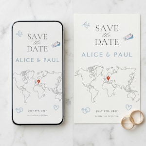 Peut inclure: Un téléphone et une carte avec un motif de carte du monde, affichant le texte "SAVE THE DATE" et les noms "ALICE & PAUL". La date "JULY 9TH, 2027" est également affichée, avec des illustrations d'avion et de billet. Thème de mariage.