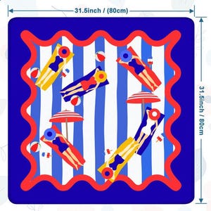 May include: A square beach towel with a blue border and a red wavy edge. The towel features a striped pattern of white and blue, with illustrations of people sunbathing on beach chairs, beach balls, and red umbrellas. The towel measures 80cm on each side.