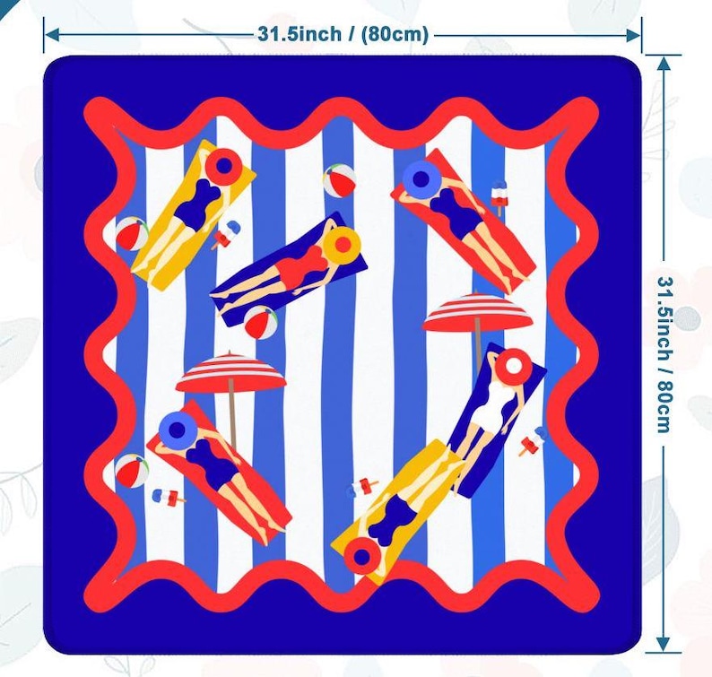 May include: A square beach towel with a blue border and a red wavy edge. The towel features a striped pattern of white and blue, with illustrations of people sunbathing on beach chairs, beach balls, and red umbrellas. The towel measures 80cm on each side.