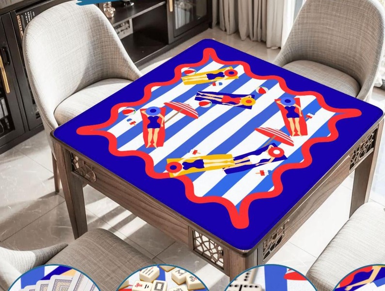 May include: A square wooden table with a blue and white striped top featuring illustrations of people sunbathing with umbrellas. The table's border is a wavy red design. The table is surrounded by chairs.