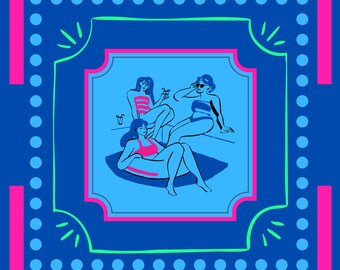 Blue Neon Pink and Green Ladies in the pool Mahjong Mat