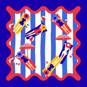 May include: A vibrant illustration depicting a beach scene. Figures are sunbathing on beach towels, with beach balls, parasols, and ice lollies. The scene is set against a blue and white striped background with a red border.